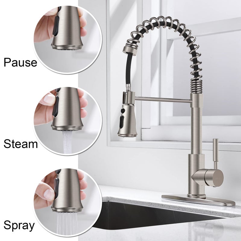 SOKA Single Handle Kitchen Pull Down Faucet with Sparyer Fit for 1 & 3 Hole with Three Working Modes Stream, Spray & Pause Brushed Nickel (SK5001NY) - Image 5